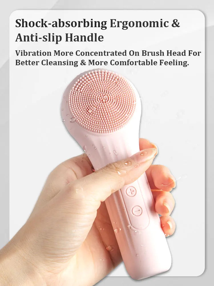 Rechargeable silicone facial cleansing brush from Showlu Smart General showing soft bristles and ergonomic handle.