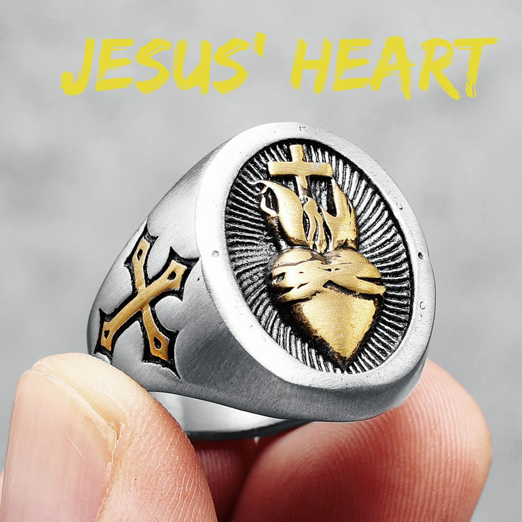 Metal Town Heart of God Cross Ring in 316L stainless steel, biker amulet jewelry with detailed heart and cross design.