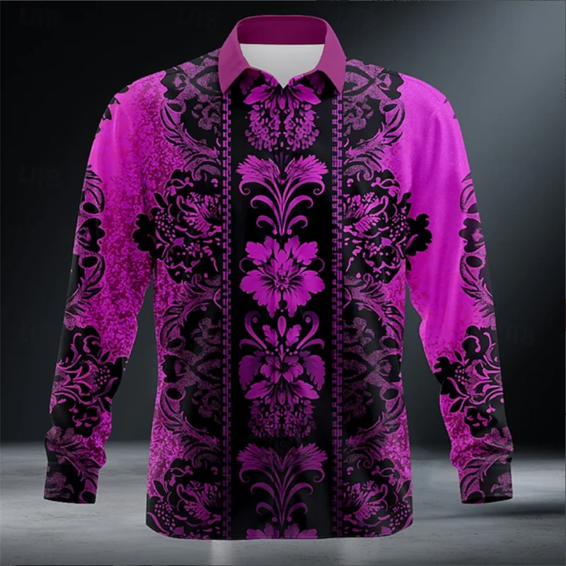 Men's long sleeve striped floral casual shirt by Showlu Fashion, suitable for four seasons, stylish business or everyday wear.