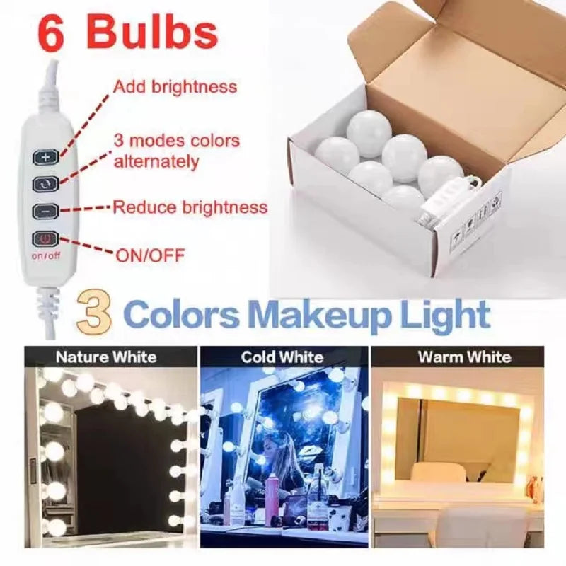 Dimmable LED vanity mirror lights by Pampsee, USB-powered makeup light bulbs attached to a mirror for bright, adjustable lighting.
