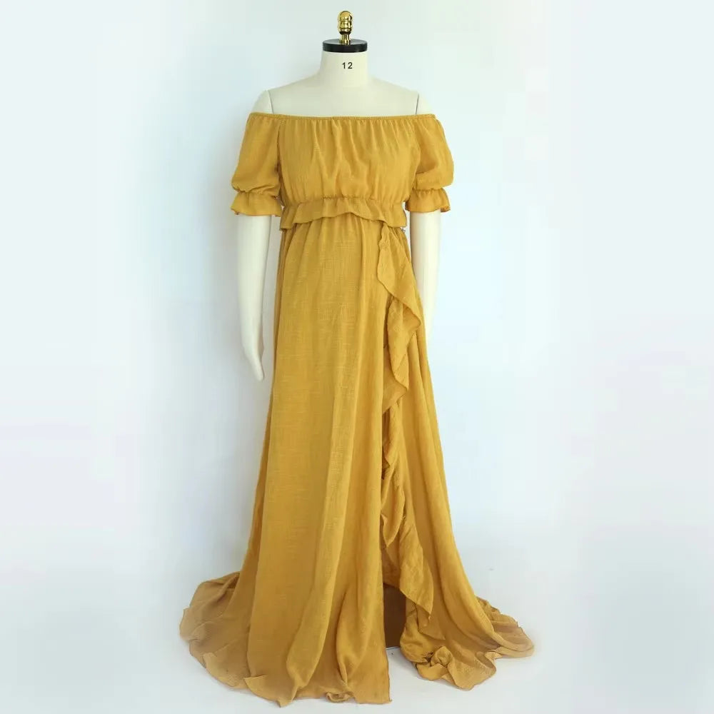 Showlu Fashion Studio maternity dress with high slit, off-shoulder boho cotton maxi dress for pregnancy photos and baby shower shoots.