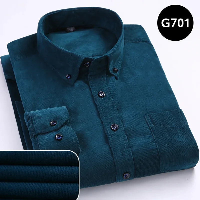 Long sleeve cotton corduroy men's casual shirt in solid color, regular fit, warm for winter, with pockets, available from S to 6XL.