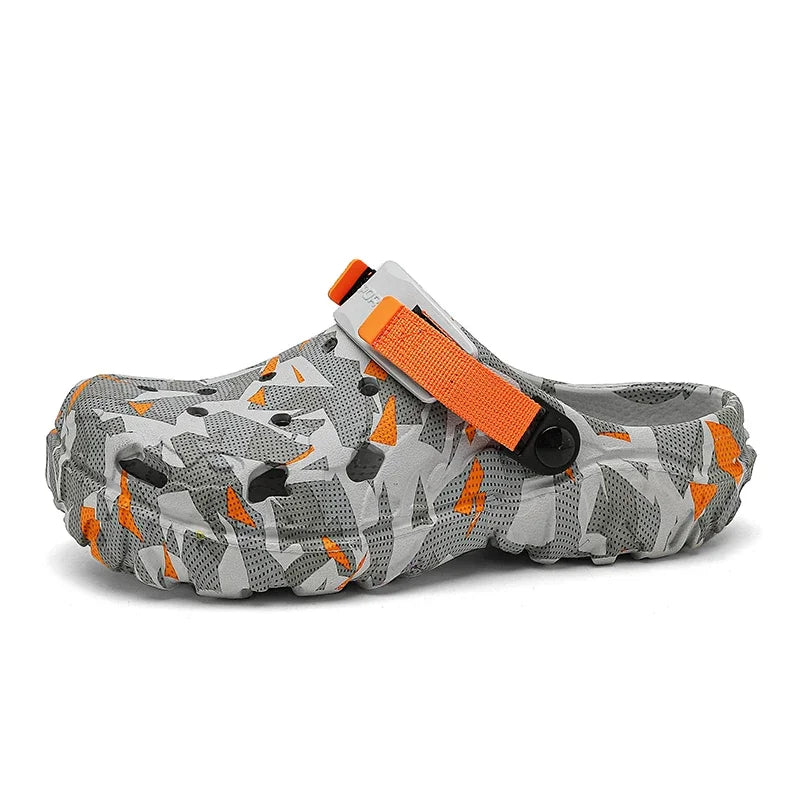 Men's camouflage garden clogs and slippers with flat sole, outdoor flip flops, and casual slip-on design by Showlu Fashion Store