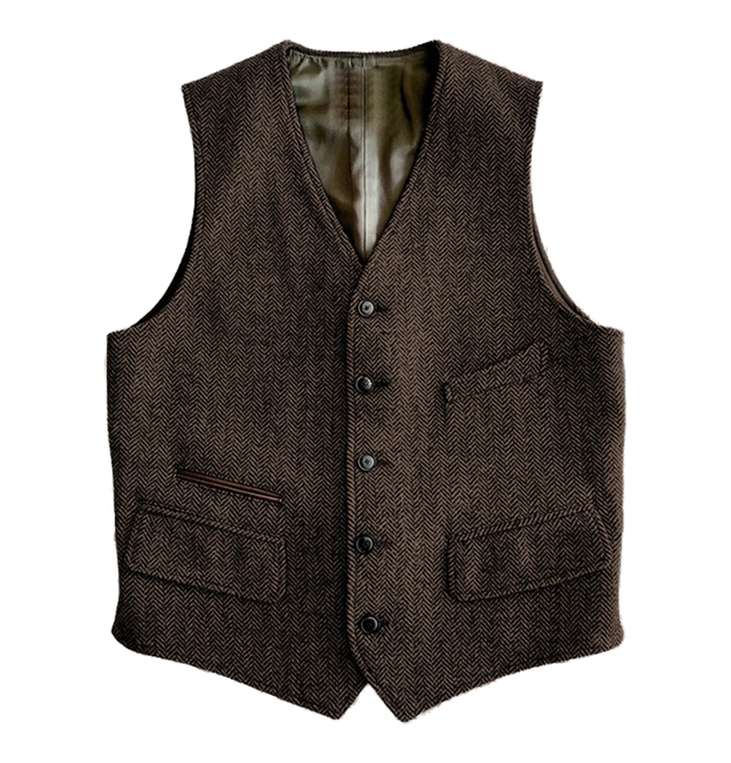 Men's slim fit herringbone fabric wedding vest for groomsmen, elegant tweed waistcoat, showcasing tailored design and craftsmanship.