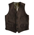 Men's slim fit herringbone fabric wedding vest for groomsmen, elegant tweed waistcoat, showcasing tailored design and craftsmanship.