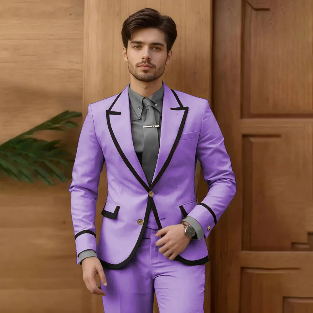 Beige men's fashion suit 2-piece set with single-breasted blazer and slim-fit pants, ideal for groomsmen, prom, or wedding.