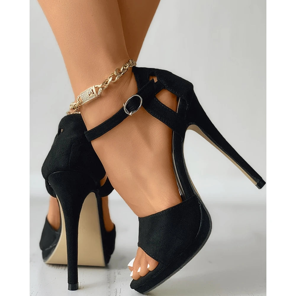 Women Party Suede Buckled Cutout Stiletto Heels 2024 Korean Style High Heel Black Pumps Sandals Spring Autumn