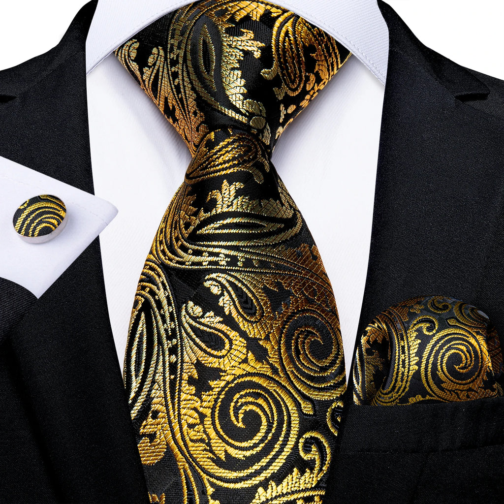 Gift Men Tie Luxury Gold Black Striped Paisley Silk Wedding Tie For Men DiBanGu Designer Hanky Cufflinks Fashion Tie Set