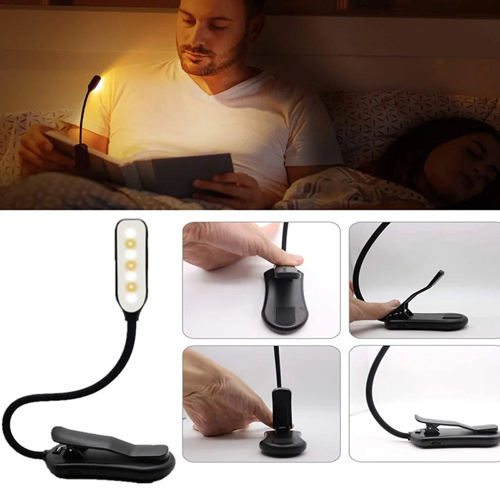 Showlu Smart General Claeted Rechargeable Clip Reading Light clipped onto a book, with adjustable LED brightness in a cozy setting.