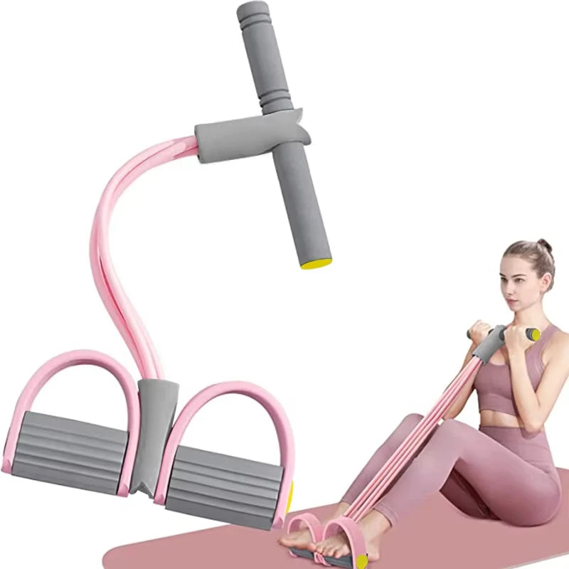 Set of four resistance bands with handles for yoga, waist, and arm training, featuring elastic pull ropes for fitness exercises.