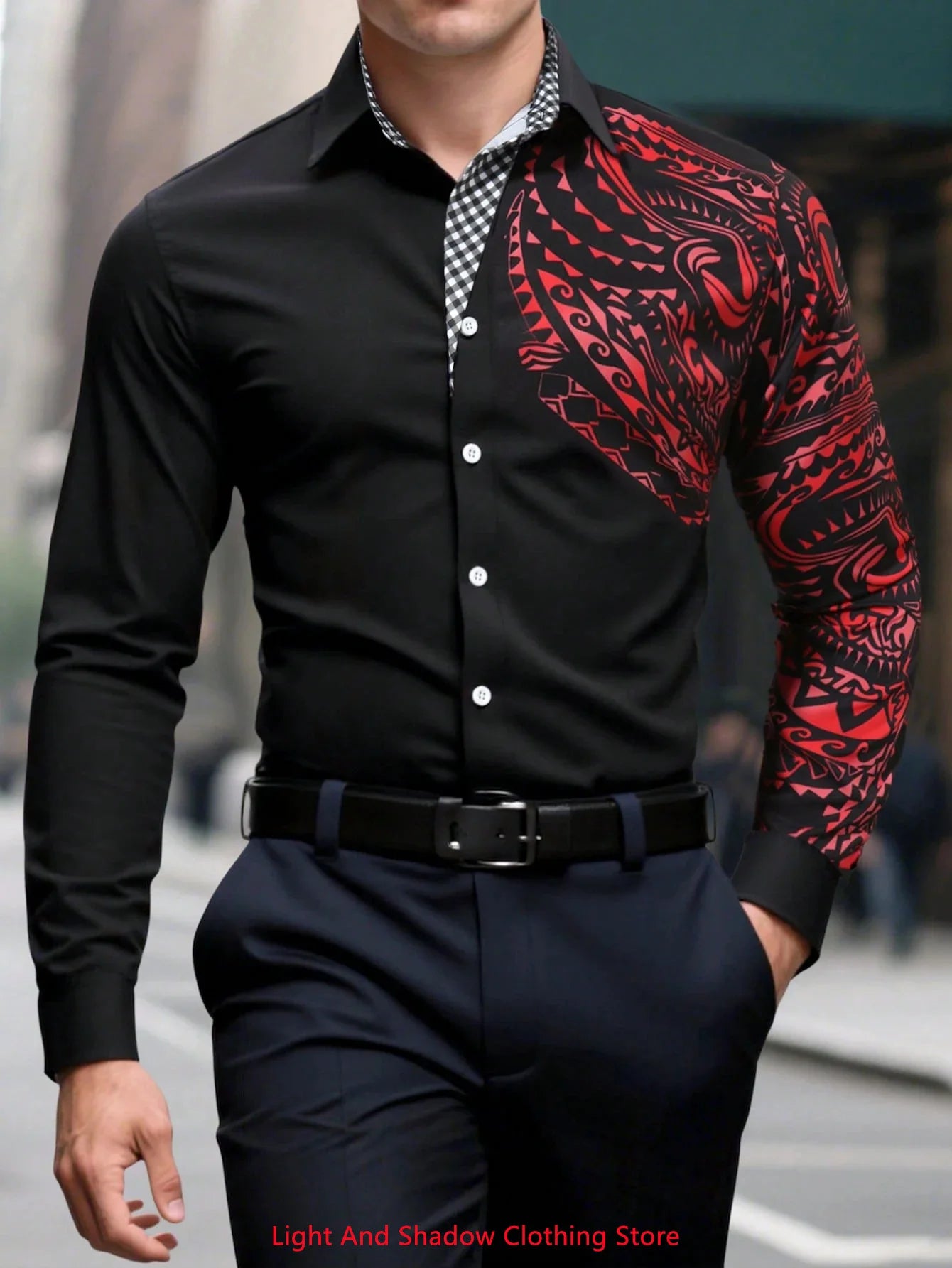 Men's fashion casual long sleeve shirt with printed collar, suitable for business and social occasions, by Showlu Fashion.