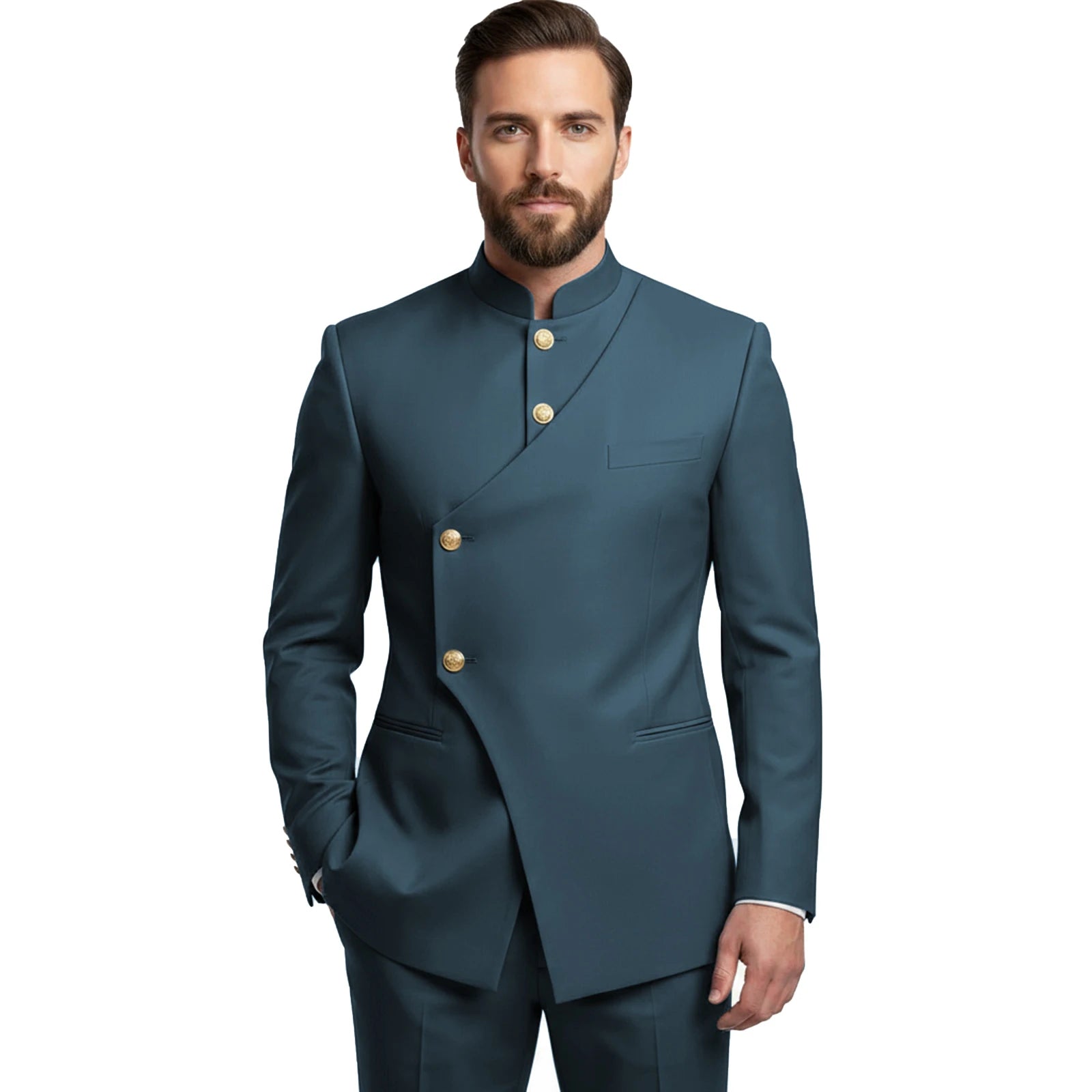 Chinese Suit Men 2 Piece Tunic Suits Slim Fit Safari Suits for Men Mandarin Collar Suit Blazer Pants Set