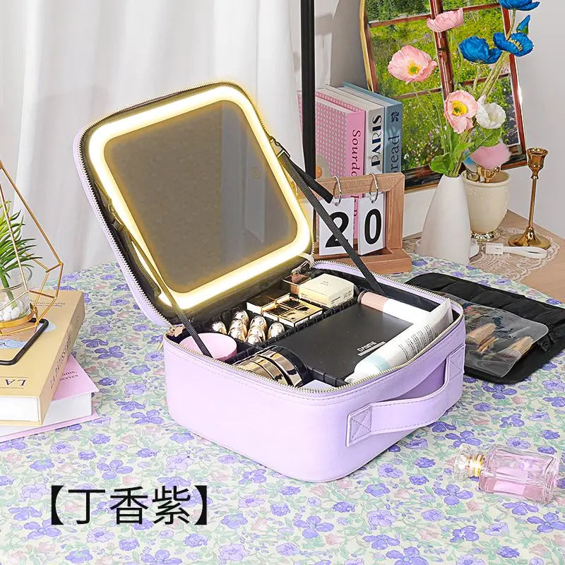 Showlu LED lighted cosmetic case made of waterproof PU leather, featuring multiple compartments for makeup storage.