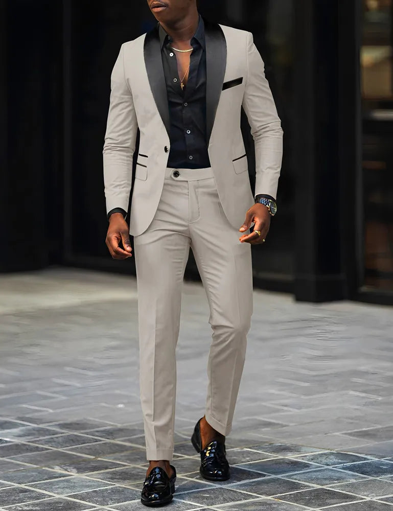 Men's slim fit wedding and business suit by Showlu Fashion, featuring a single button jacket and matching pants.
