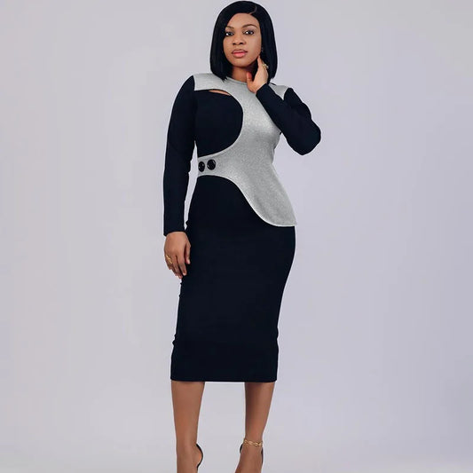 Elegant Elastic Patchwork Bodycon Pencil Dress Women Club Clothing Long Sleeve O-neck Back Split Vintage Night Party Midi Dress