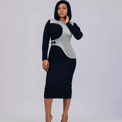 Elegant Elastic Patchwork Bodycon Pencil Dress Women Club Clothing Long Sleeve O-neck Back Split Vintage Night Party Midi Dress