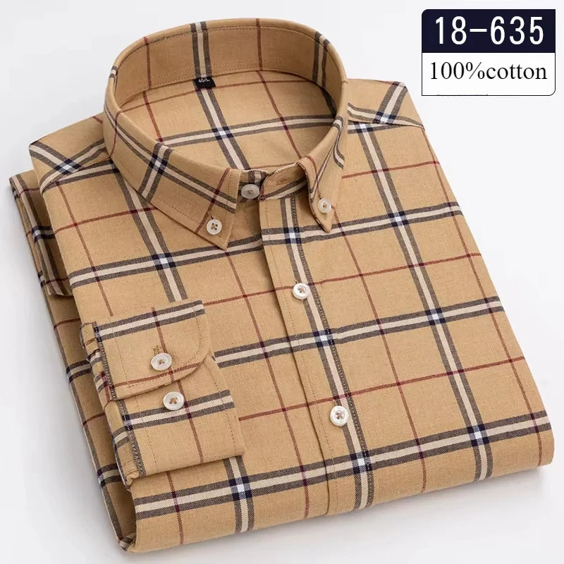 Men's slim fit long-sleeve plaid shirt made of soft 100% cotton, casual striped design, from Showlu Fashion Store.