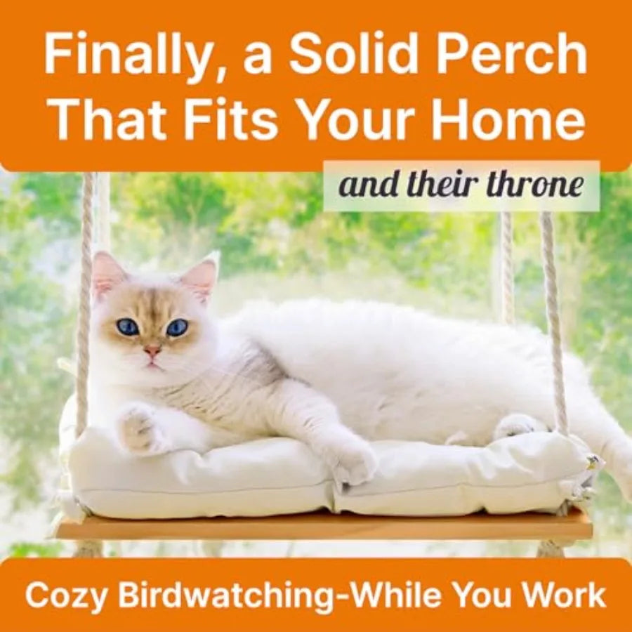 Showlu Pine Wood Cat Window Perch with soft cushion hammock bed, perfect for lounging and observing from a sunny window.
