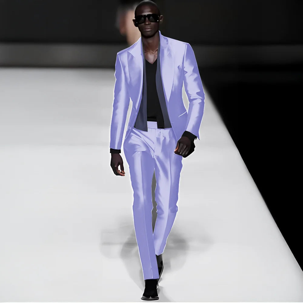 Elegant satin men's 2-piece suit with peak lapel blazer and matching pants, ideal for weddings, dinners, and formal events.
