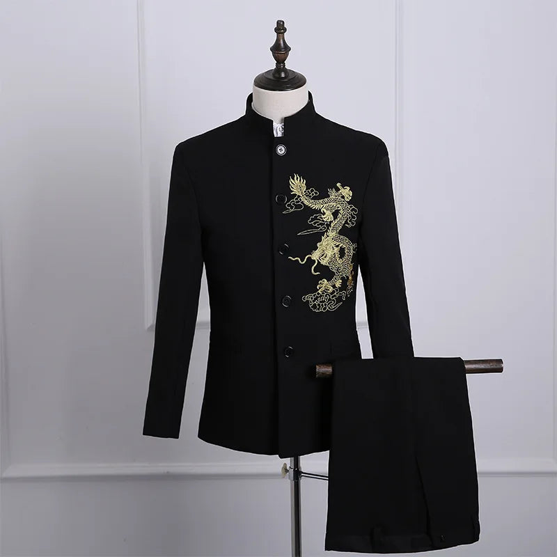 Men's slim fit suit by Showlu Fashion, featuring an embroidered blazer and straight pants in a stylish two-piece design.