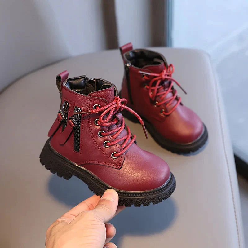 Kids rubber ankle boots by SHOWLU FASHION STORE featuring warm winter insulation and double zip closure, perfect for cold weather.