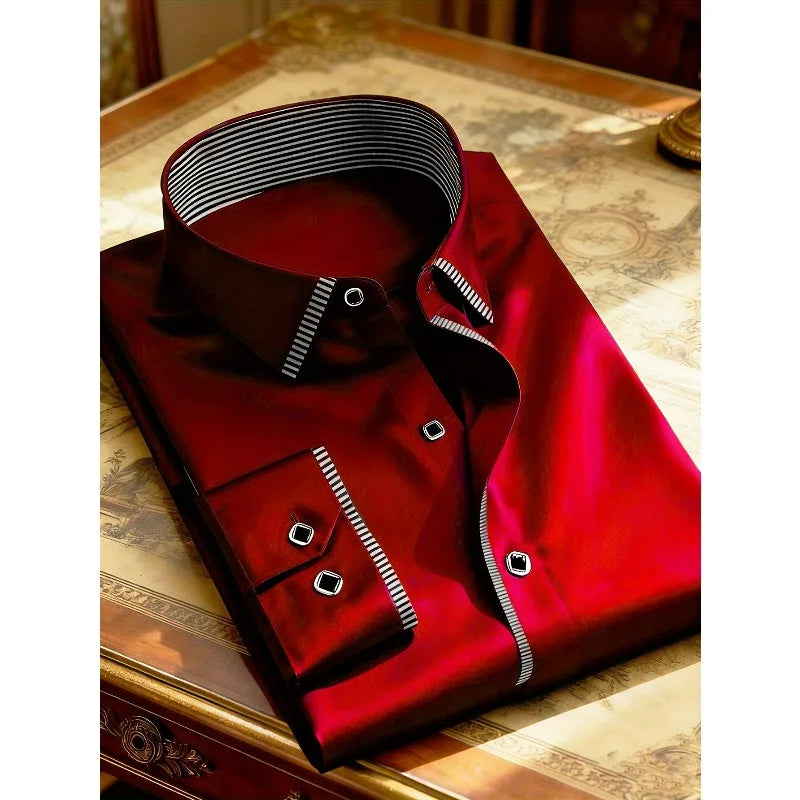 Men's patchwork shirt by Showlu Fashion, long sleeve micro elastic tuxedo-style dress shirt for smart casual, four-season wear