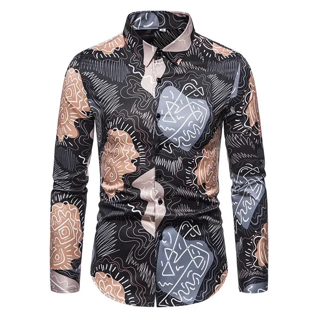 Showlu men's retro plaid long sleeve shirt with floral print, casual dress top in red and black tones, stylish and comfortable.