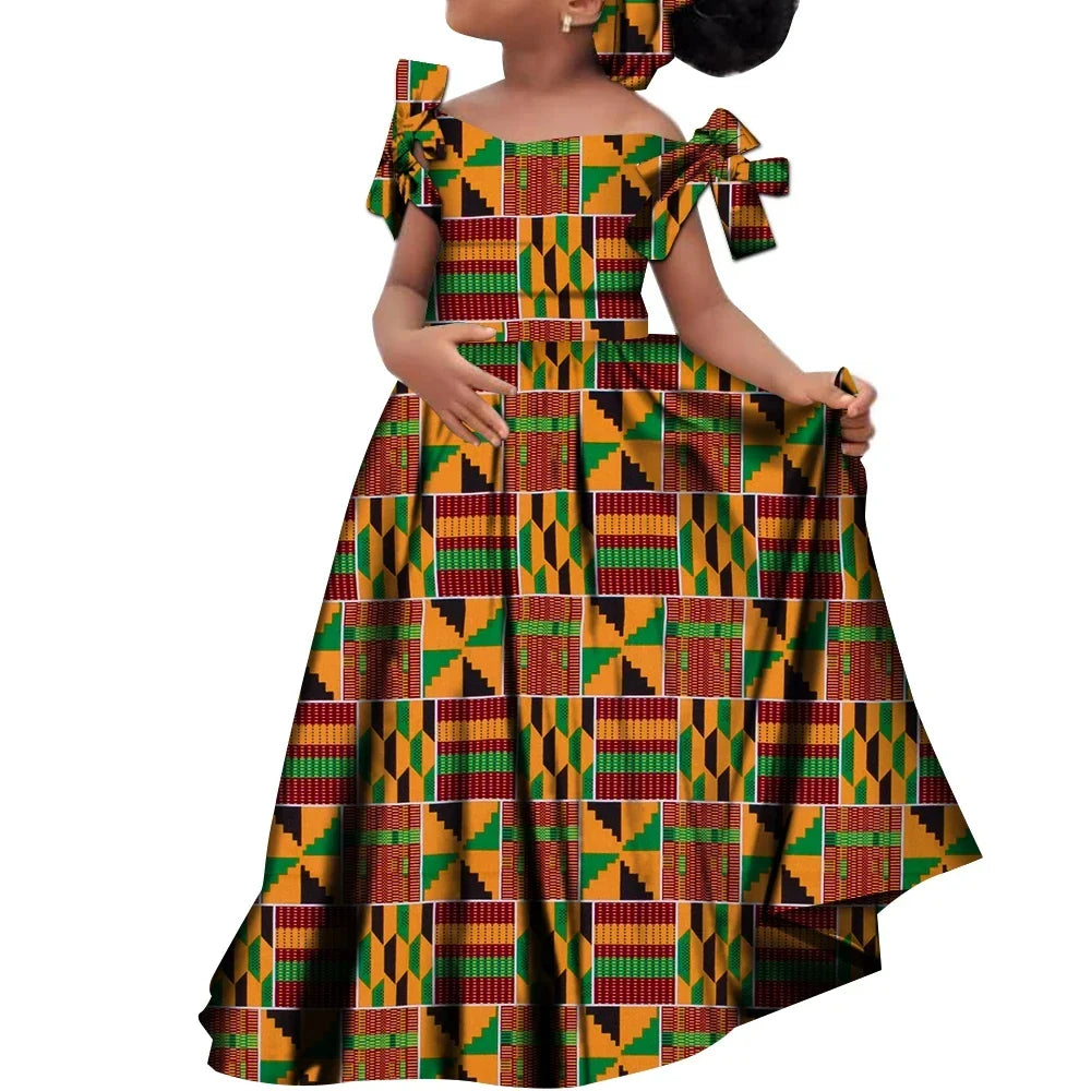 African Dashiki cotton dress with matching headscarf for girls, featuring vibrant print and traditional style from SHOWLU FASHION STORE.