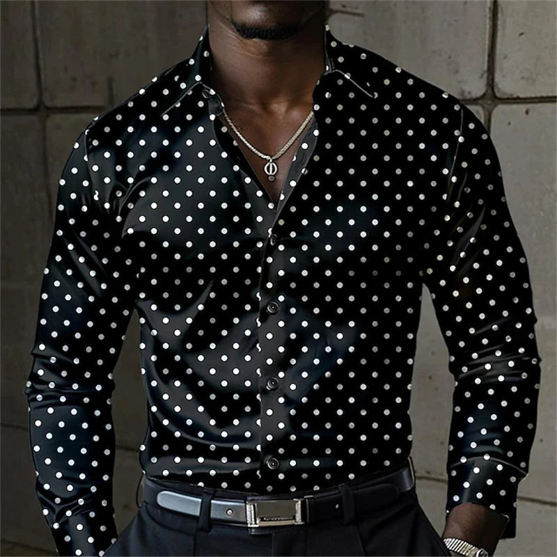 Showlu Men's long sleeve shirt with a 3D spotted print, stylish casual top, elegant design for versatile wear