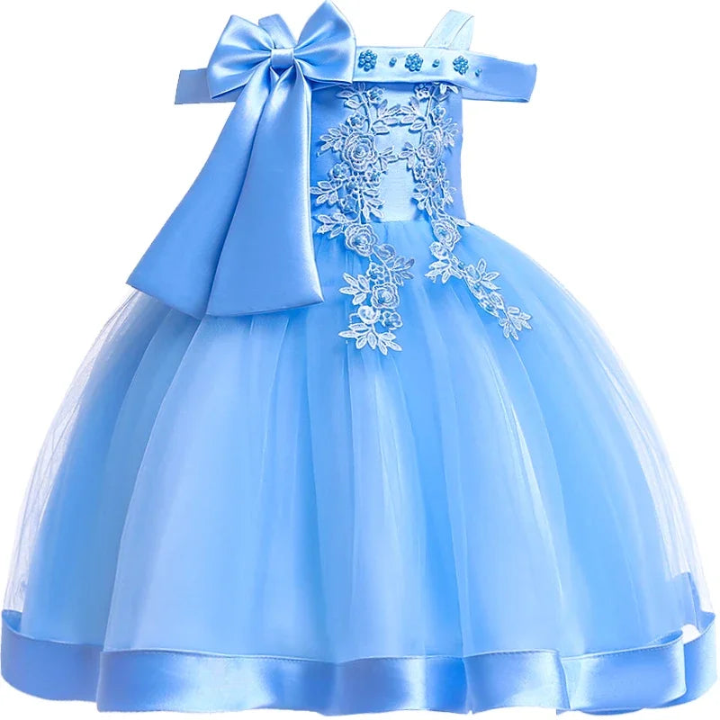 Kids Christmas party dress by Showlu Fashion Store, floral applique, elegant wedding style, bow detail, perfect for birthdays and prom.