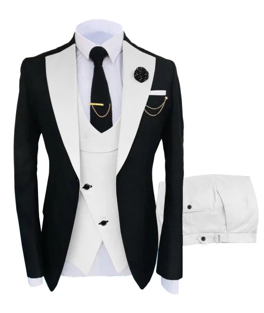 Black men's slim fit business suit with jacket, pants, and vest, ideal for formal weddings and special occasions.