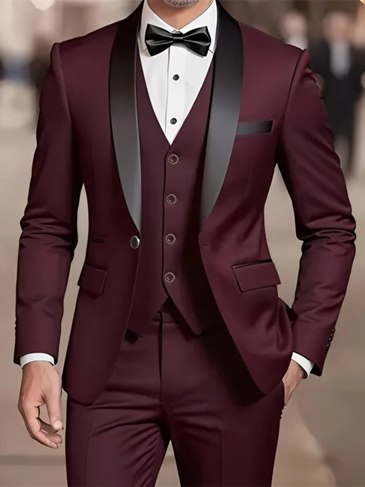 Men's Formal Suit Set Business Casual Slim Fit Tuxedo for Wedding, Long Sleeve Notch Lapel, Groom