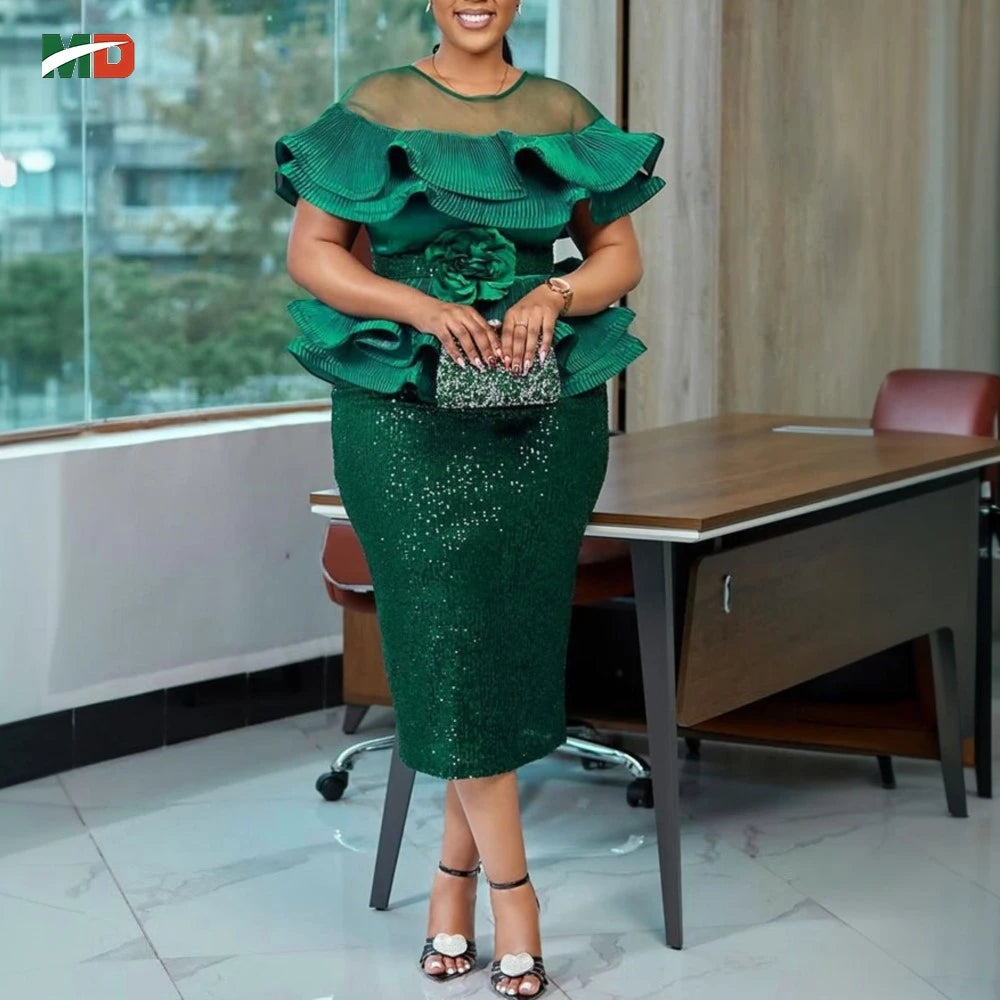 African women's sequin peplum dress by My Store, off-shoulder wedding and party gown with shimmering sequins and elegant design.