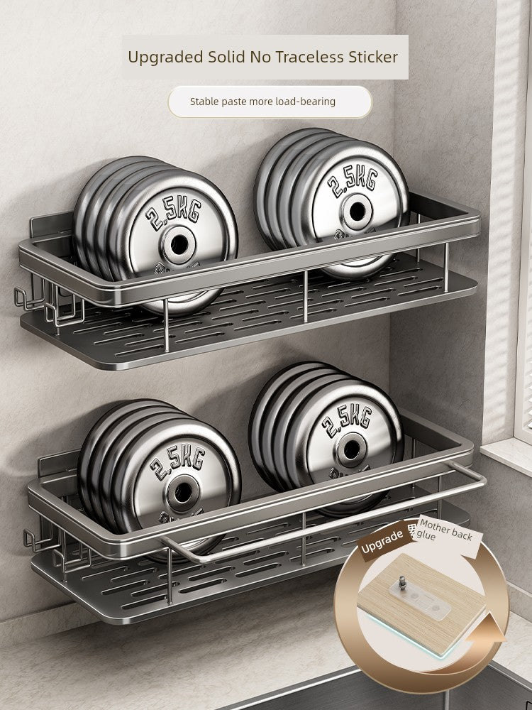 Aluminum wall-mounted kitchen seasoning rack with punch-free design, showing multiple hooks and compartments for spice jars and bottles.