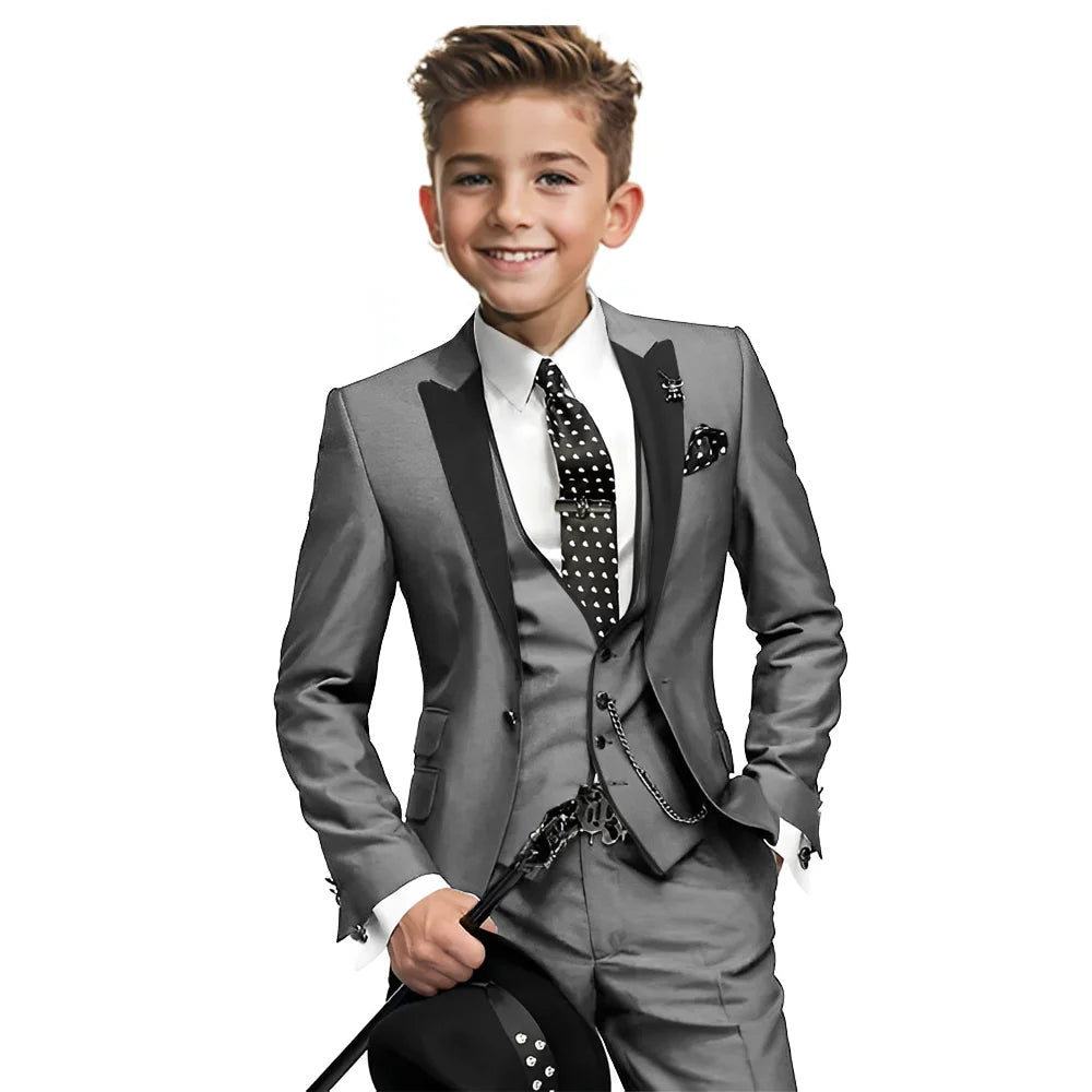 Navy blue boys tuxedo with blazer, vest, and pants, formal wedding suit for boys aged 2-16, Showlu Fashion Store.