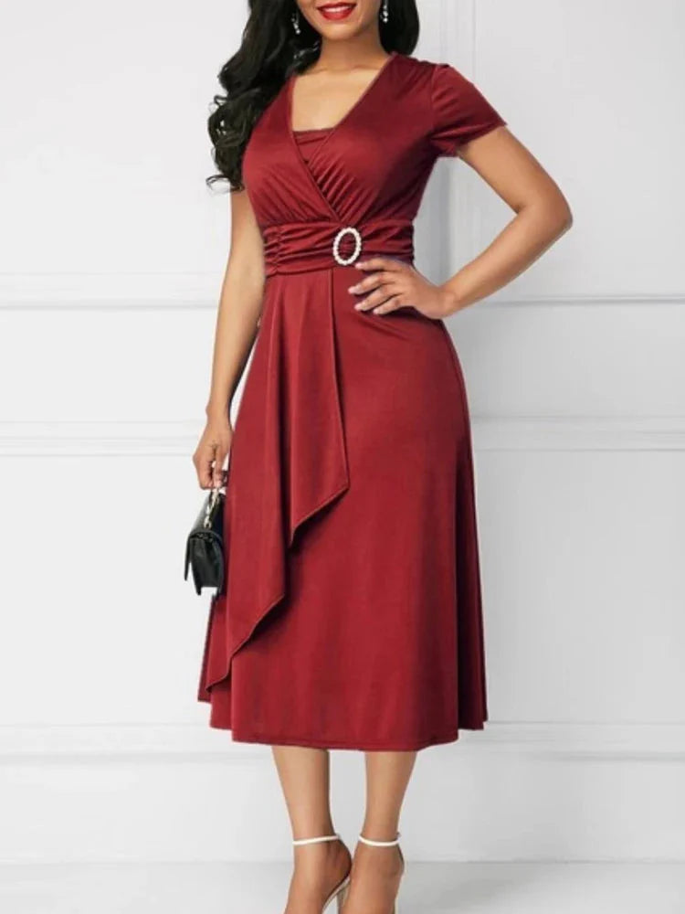 Women's V-neck chiffon midi dress by SHOWLU FASHION STORE in solid color, A-line party style, elegant and flowing fabric.