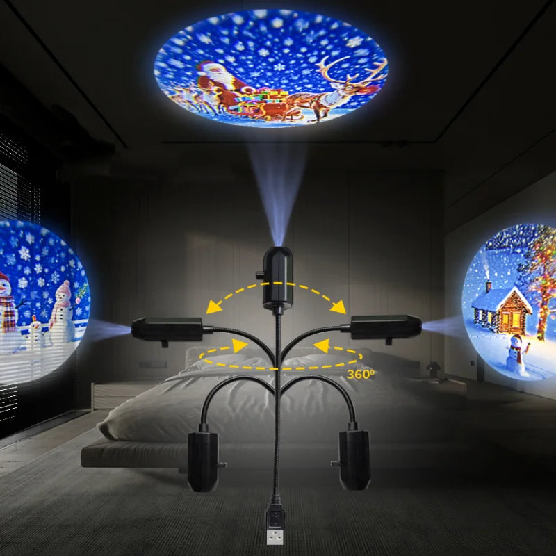 USB projector lamp displaying Christmas elk and Santa Claus patterns, ideal for room ceiling or window decoration.