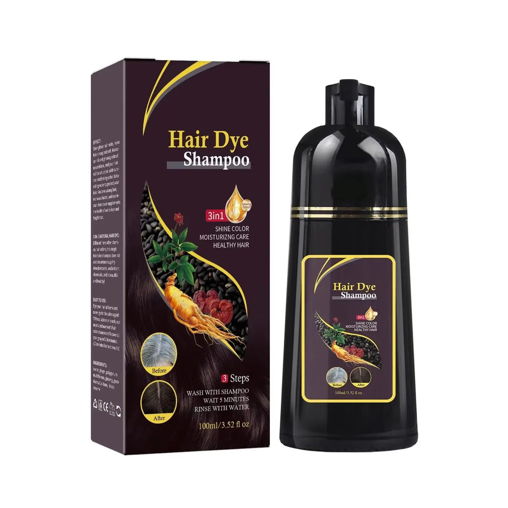 LANBENA 3-in-1 natural hair dye shampoo in a 500ml bottle with moisturizing and oil control features, shown in the image.