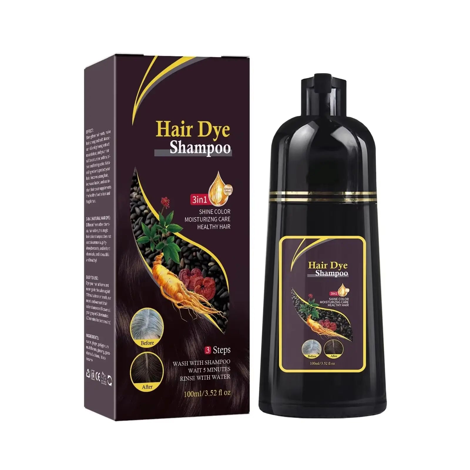 LANBENA 3-in-1 natural hair dye shampoo in a 500ml bottle with moisturizing and oil control features, shown in the image.