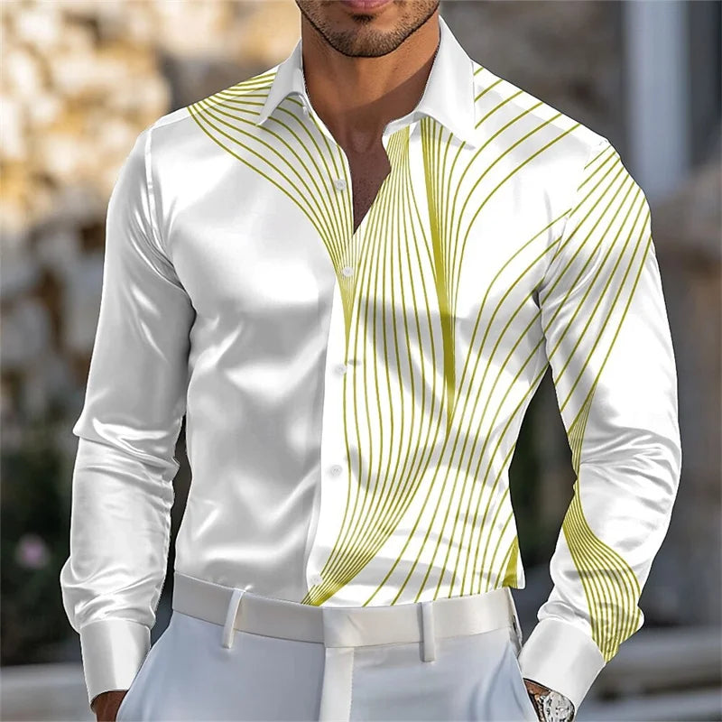 Men's abstract liquid art satin shirt with long sleeves in pink, blue, gold, and green colors, casual fashion for summer and spring.