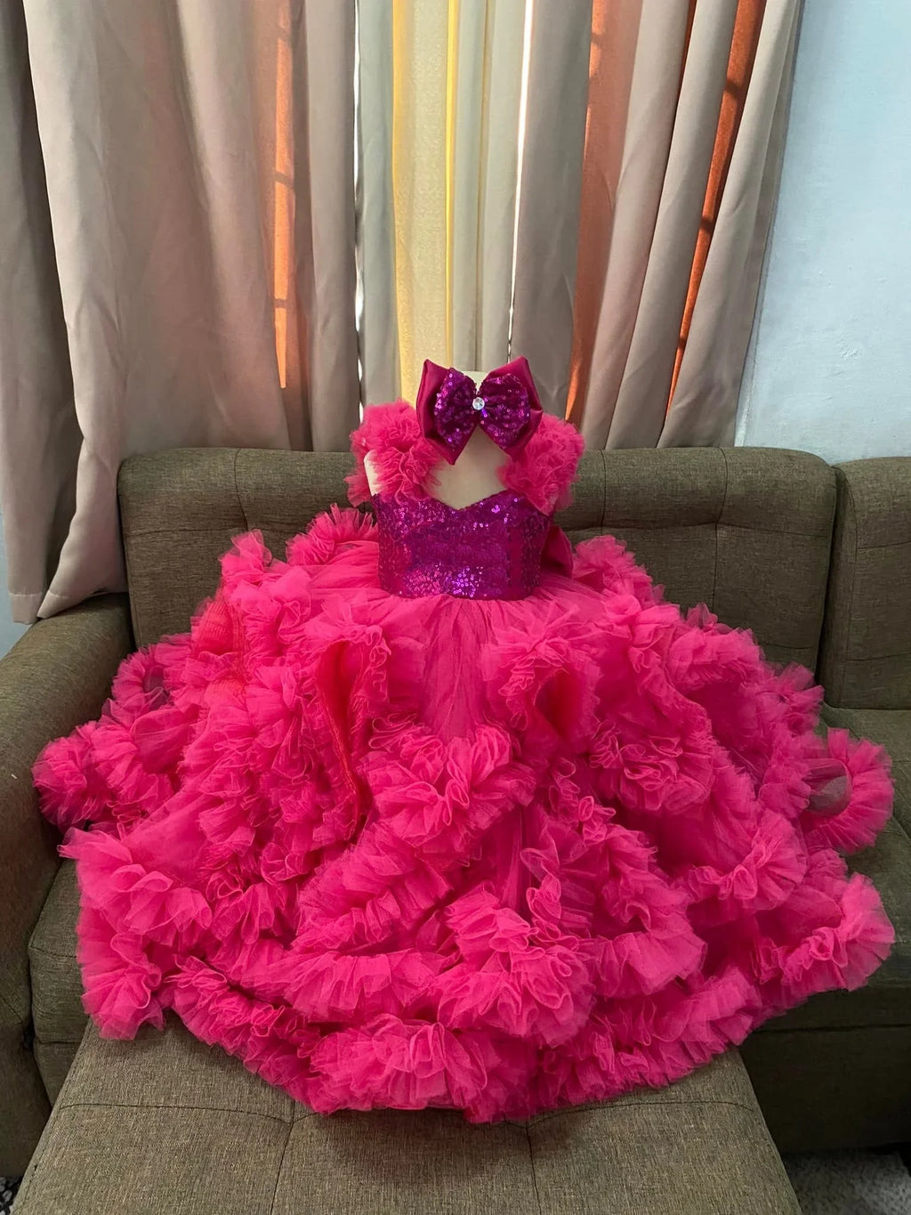 Custom Sequin Ruffle Flower Girl Dress Bow Wedding Pageant Gown For Kids Girls Birthday Party Formal Special Occasion