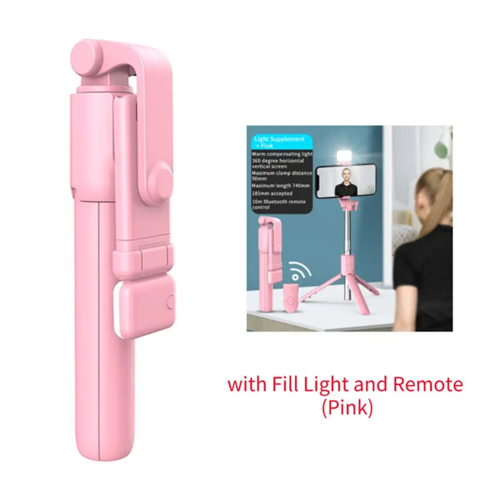 Showlu Fashion wireless phone selfie stick tripod with Bluetooth remote, LED fill light, and adjustable phone holder for live streaming.