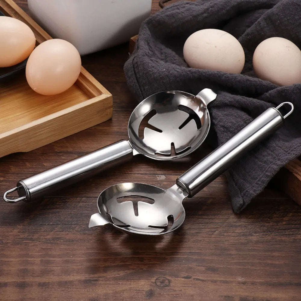 Showlu stainless steel egg separator with long handle and extended lug design, silver color, hangable professional kitchen tool