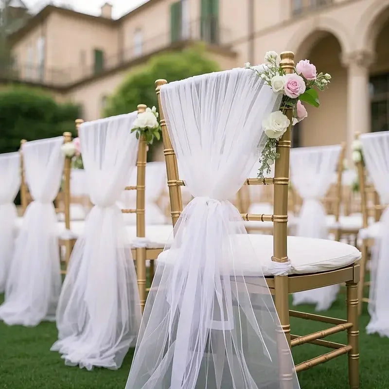 Set of 50-10 gauze chair back veils and wedding chair sashes with bows, 200x75cm, for bridal decor and party aisle decoration.