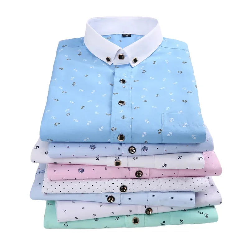 Men's slim fit plaid casual dress shirt with floral pattern, long sleeves, ideal for spring business or party attire, by Showlu Fashion