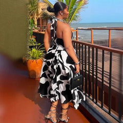 2025 Women V-neck Sleeveless Halter Print Midi Dress Backless Elegant Birthday Beach Party Vestidos Big Swing Dresses
