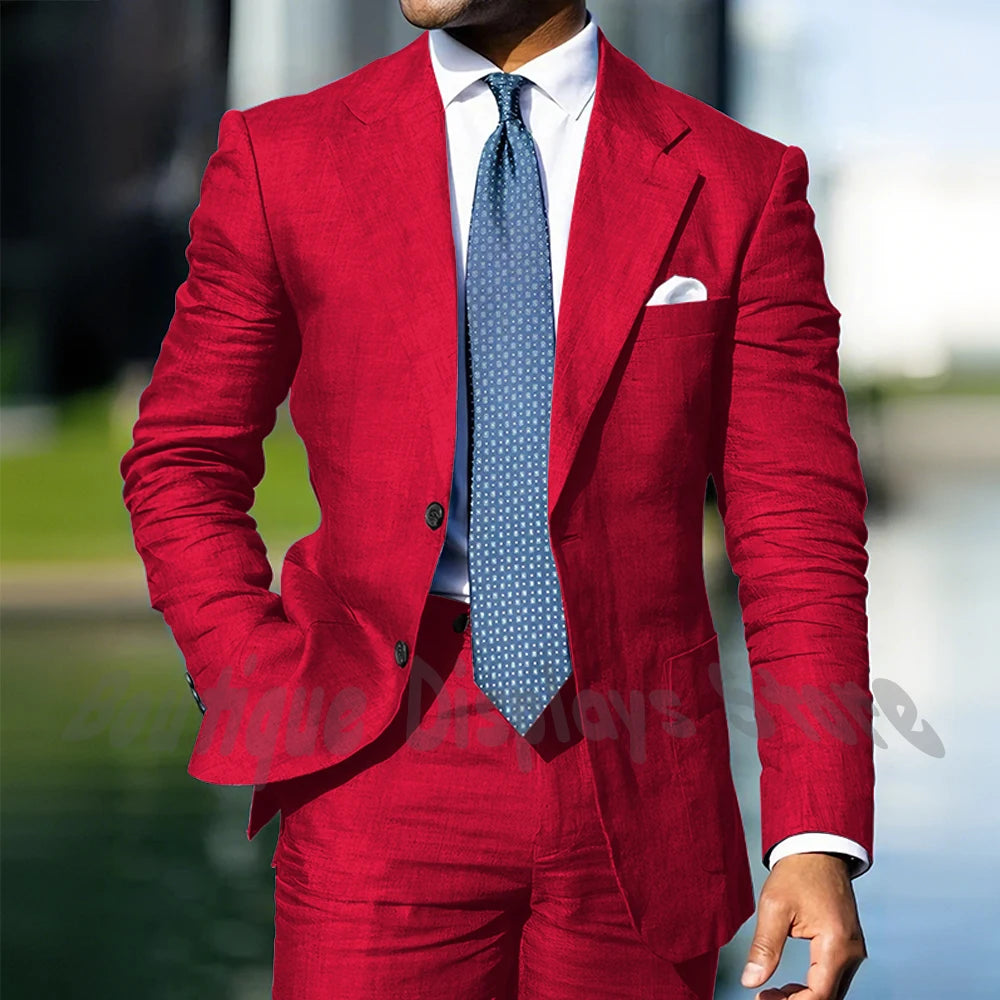 Blue Linen Single Breasted Men Suit Two Pieces(Jacket+Pants) Outfits Casual Party Prom Wedding Set