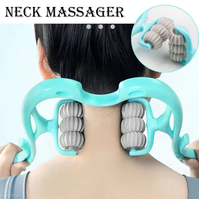 Six-wheel cervical neck massager by SHOWLU FASHION STORE, manual kneading device for fatigue relief and neck relaxation.