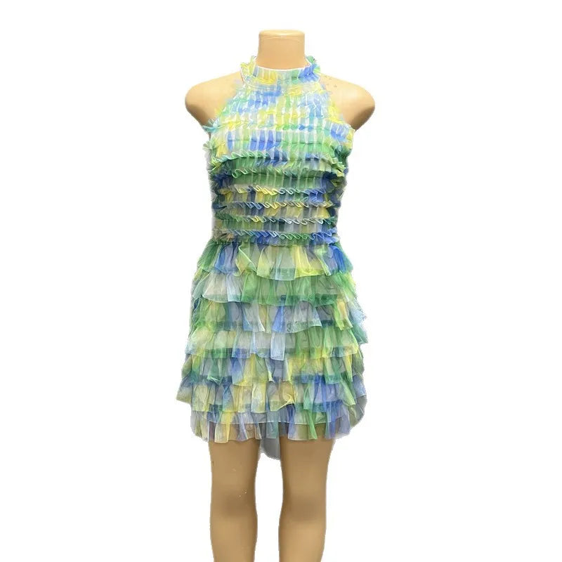 Showlu Fashion mesh ruched patchwork bodycon dress with halter neck, backless design, cake gradient pattern, perfect for summer streetwear.