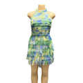 Showlu Fashion mesh ruched patchwork bodycon dress with halter neck, backless design, cake gradient pattern, perfect for summer streetwear.